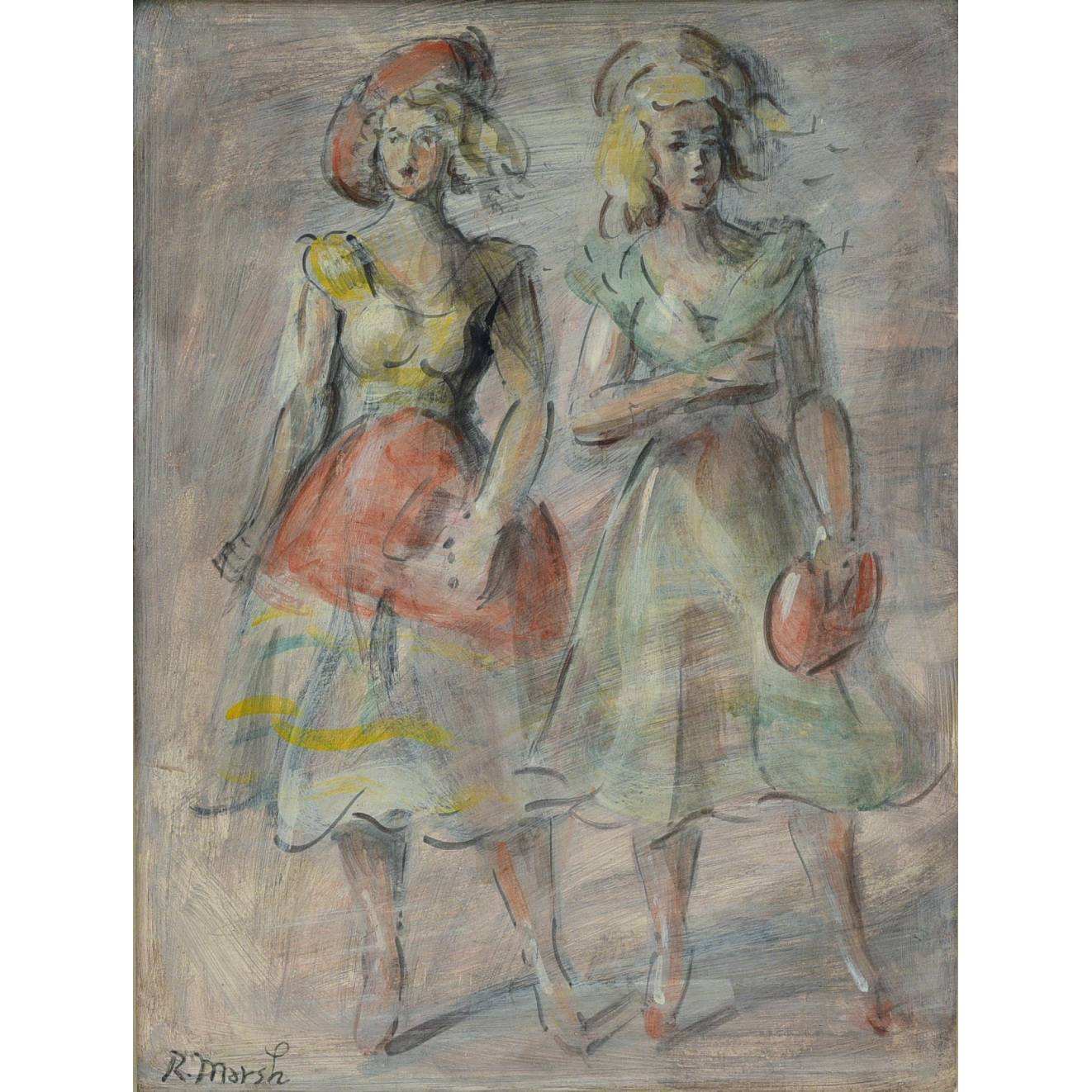 Reginald Marsh, Two Girls, 16"x12" tempura on board